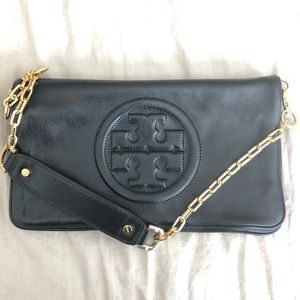 Tory Burch Black Leather Shoulder Bag Clutch Purse with Removable Strap